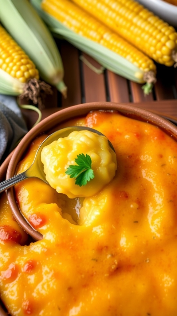Golden-brown Jiffy corn pudding in a rustic dish, creamy texture, garnished with parsley.